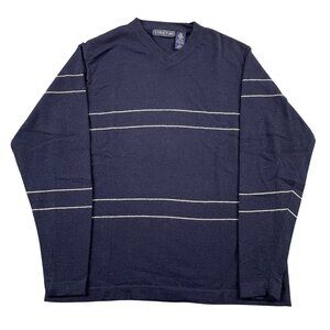 Structure Sweater Mens Large‎ Navy 100% Merino Wool VNeck Pullover